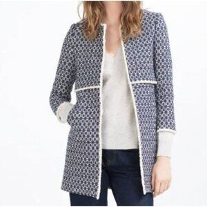 Zara Frayed printed tweed boucle coat blue ecru size Medium Long jacket blazer